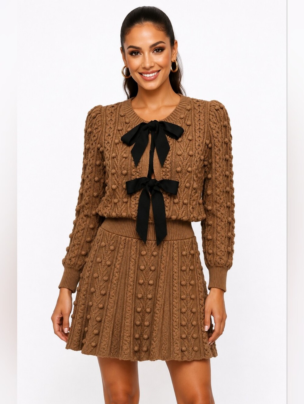 Alice + Olivia Kitty Bow Front Sweater Dress Camel Black NWT $660 L